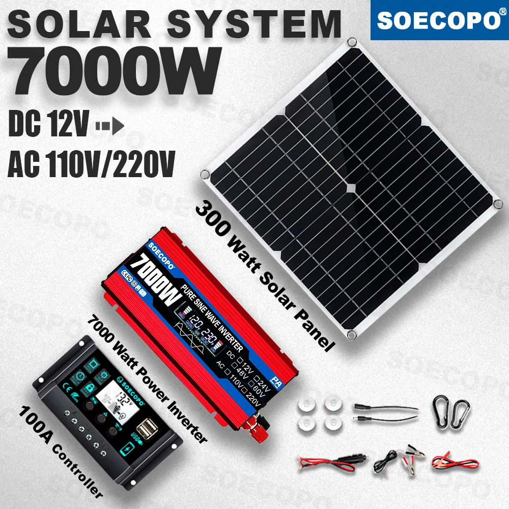 

SOECOPO Pure Sine Wave Inverter 7000W Solar System Kit 100A Controller DC12V to AC110/220V 300W Panel for RV Boat Camping Backup
