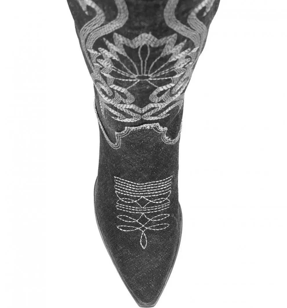 Women's Suede Western Cowboy Knee High Boots Floral Scroll Embroidery Pointed Snip Toe Chunky Stacked Heel Vintage Footwear