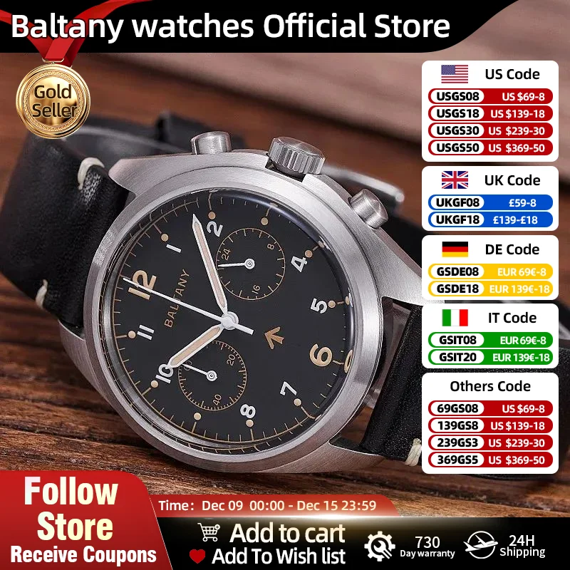 Baltany 2023 relojes multifunción para hombre S5044 6BB cronógrafo militar VK64 movimiento AR zafiro 50M reloj de pulsera de cuarzo resistente al