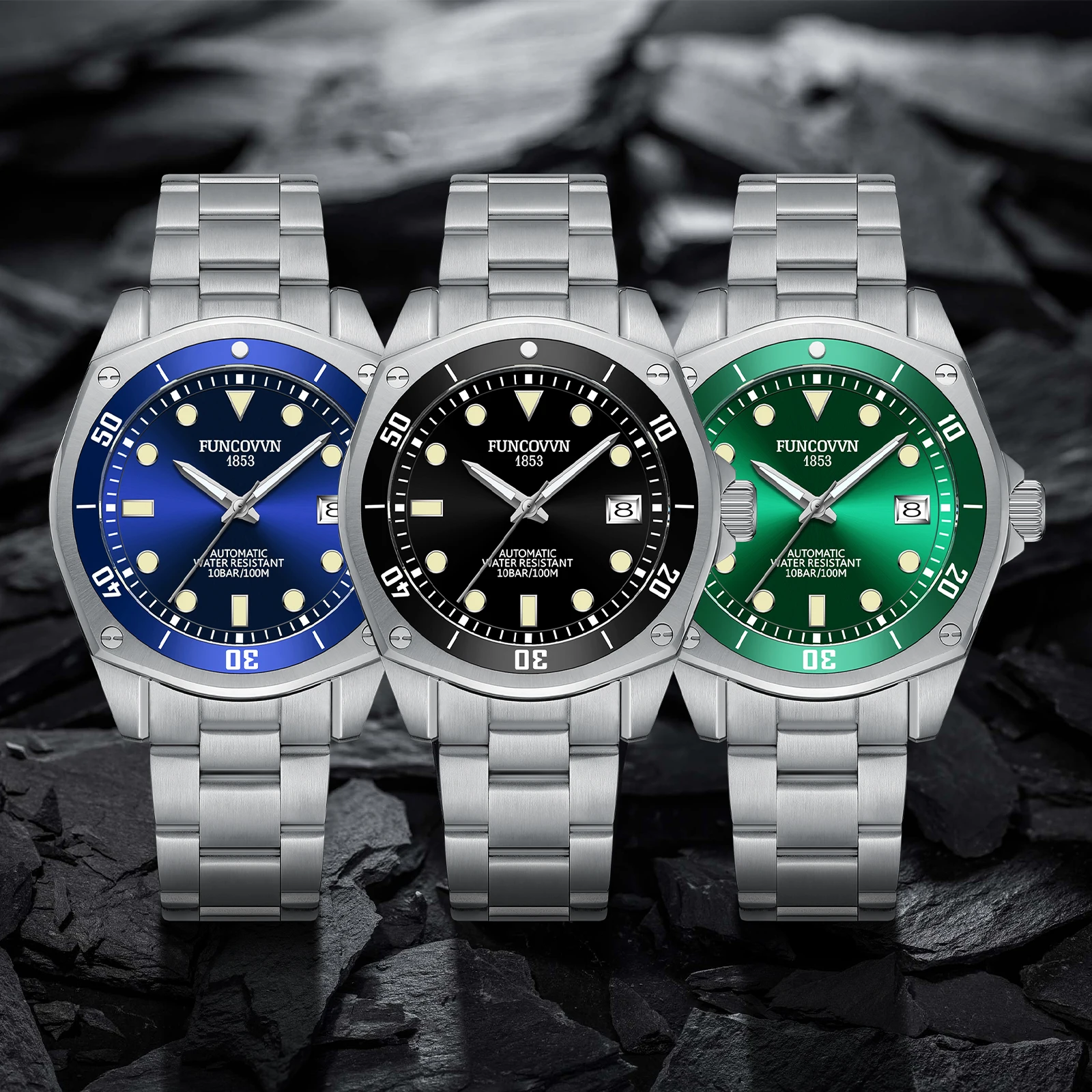 FUNCOVVN-reloj mecánico automático para hombre, pulsera de negocios europea y americana, de lujo, plateado, luminoso, resistente al agua