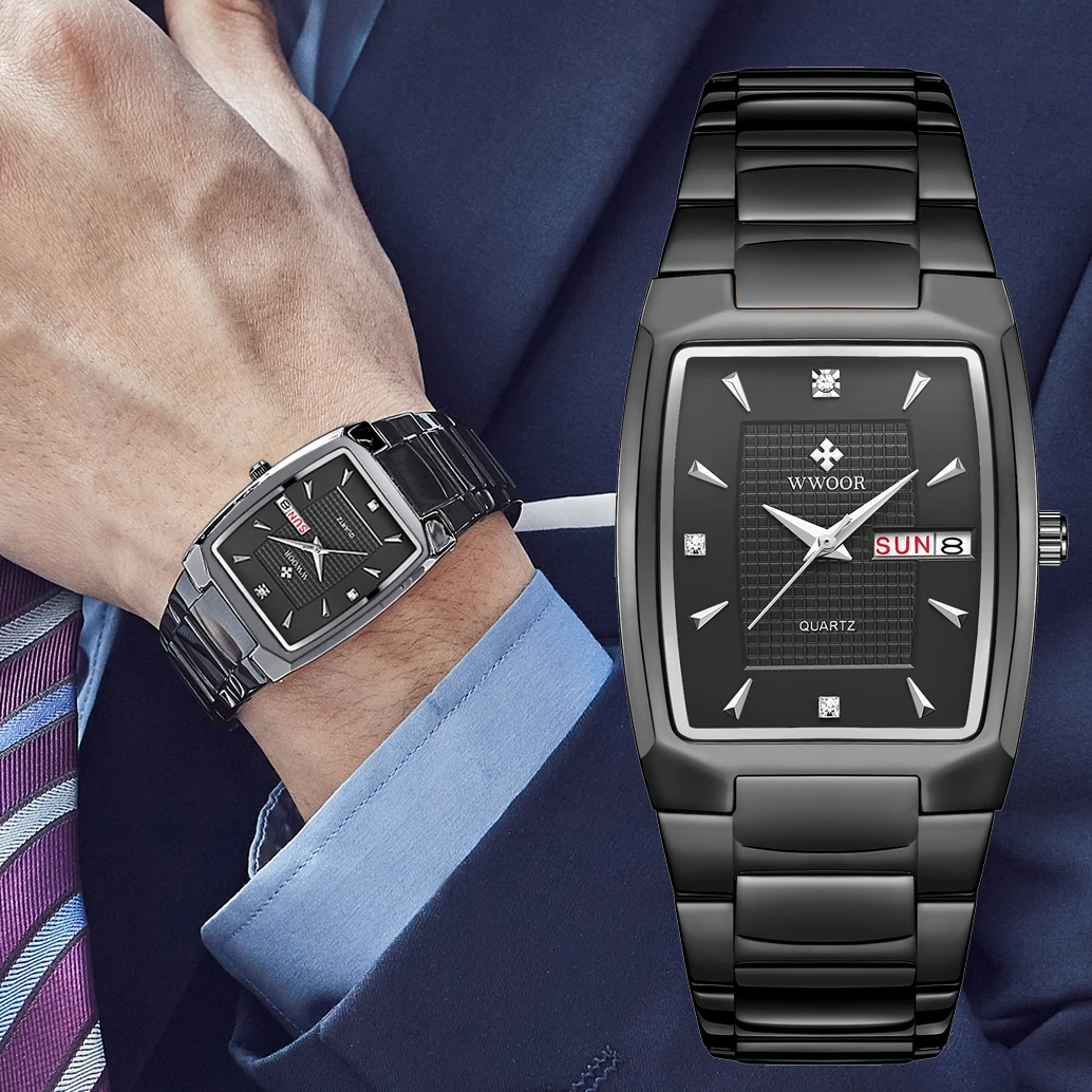 

WWOOR Luxury Men's Wristwatch Top Brand Fashion Square Dial Stainless Steel Calendar Waterproof Men Quartz Watches Casual Clock