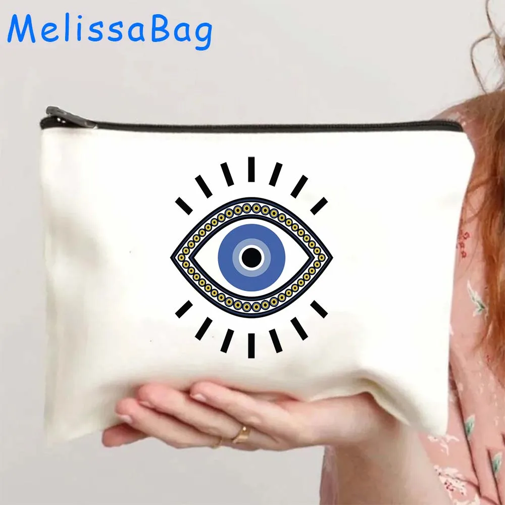 Blue Evil Eye Good Luck Hamsa Hand Colorful Mandala CRETE GREECE Cute Gifts Canvas Cosmetic Makeup Bag Pencil Case Zipper Pouch