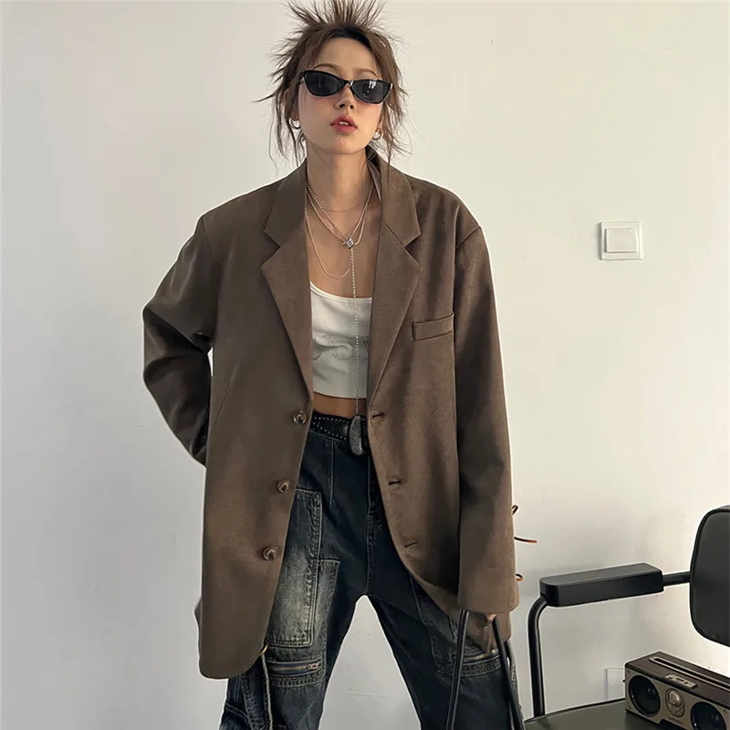 Coffee Color Faux Suede Jacket Casual Loose Spring Women Notched Collar Double-breasted Long Sleeve Female Blazers Streetwear