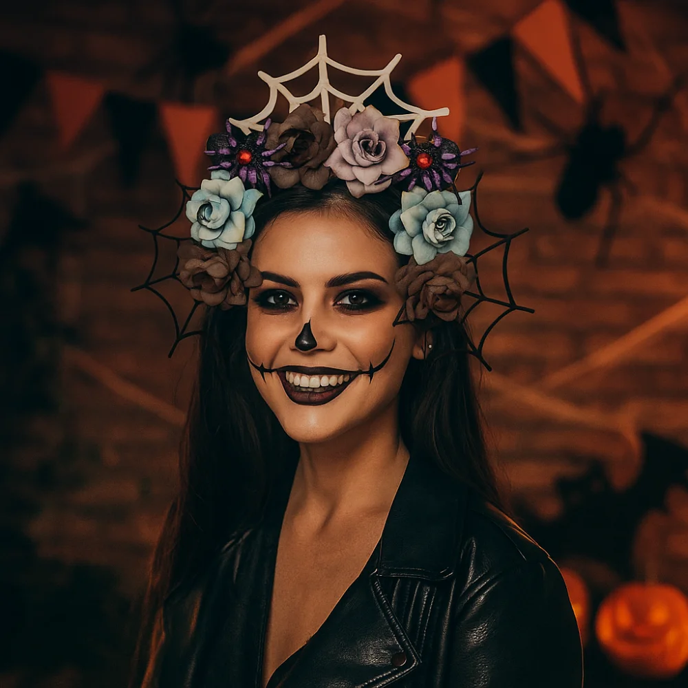 

Exaggerated Skull Head Headband Simulation Bat Colorful Halloween Hair Hoop Funny Halloween Decor Gothic Flower Hairband