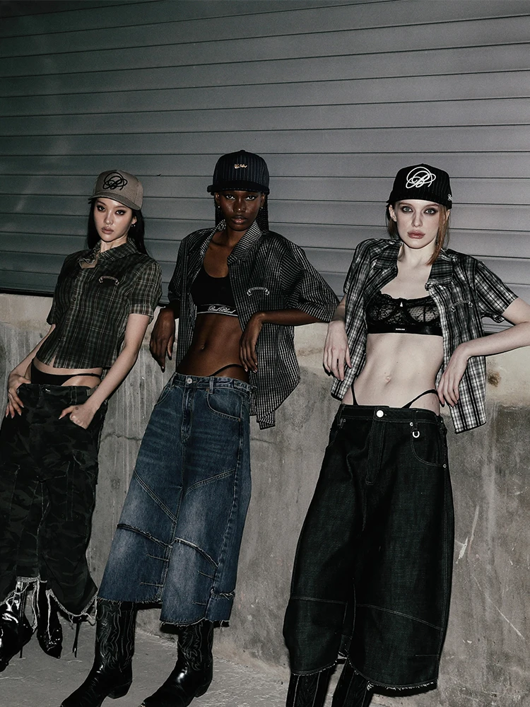 

Retro American Street College Plaid ort Sve irt Embroidered Print Loose Casual Top Women's Summer T-irt Cotton