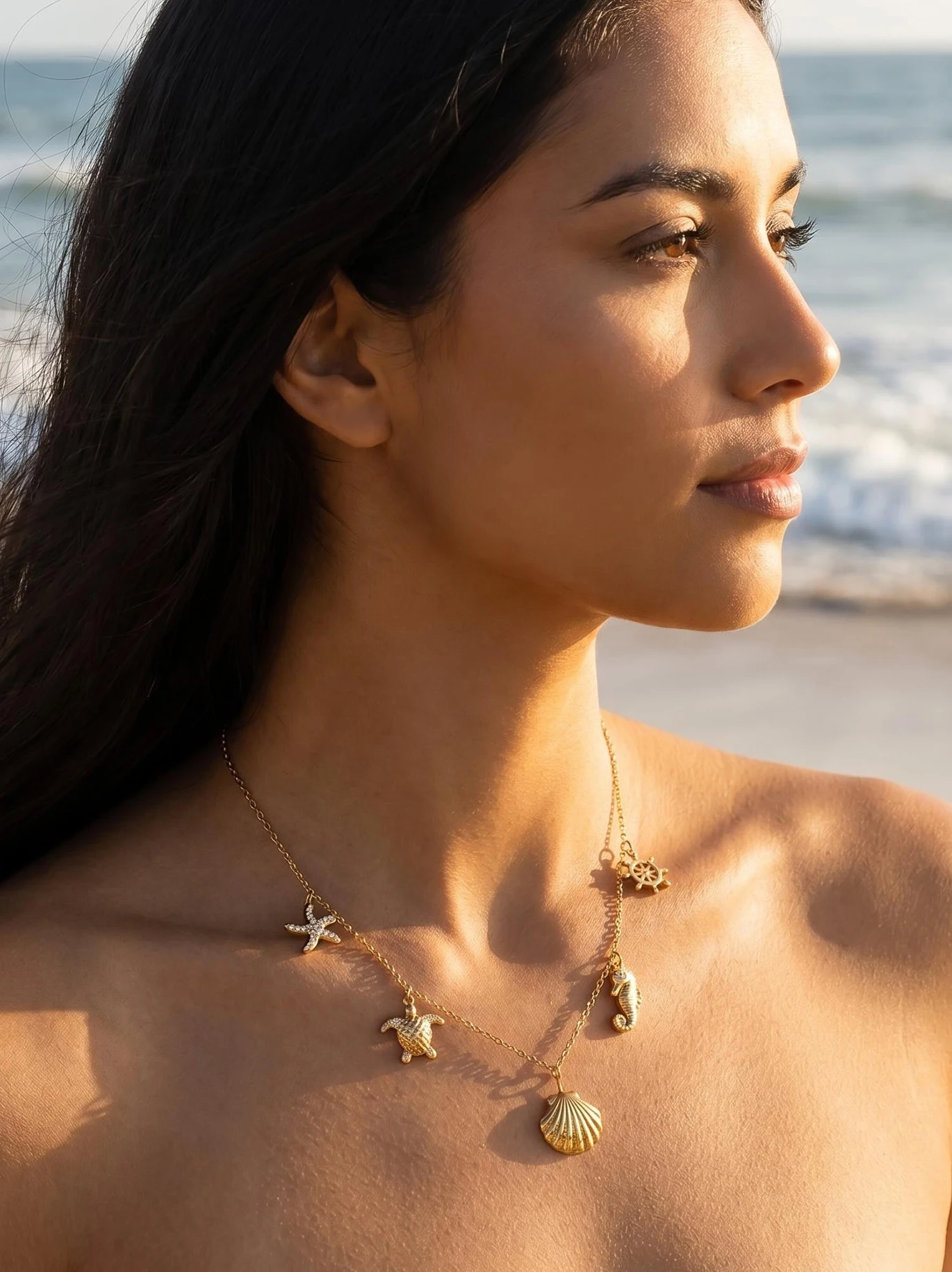 NEWBUY 316 Stainless Steel Multi Charm Ocean Theme Layered Necklaces Waterproof Summer Beach Vacation Dainty Gold Jewelry