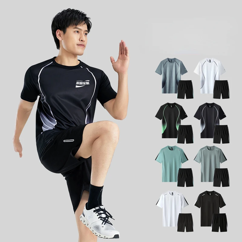 Fitnesskleding Ijszijde Sneldrogend T-Shirt Pak Mannen Korte Mouwen Hardloopsportbroek Trainingspak Gym Sport Training Sets