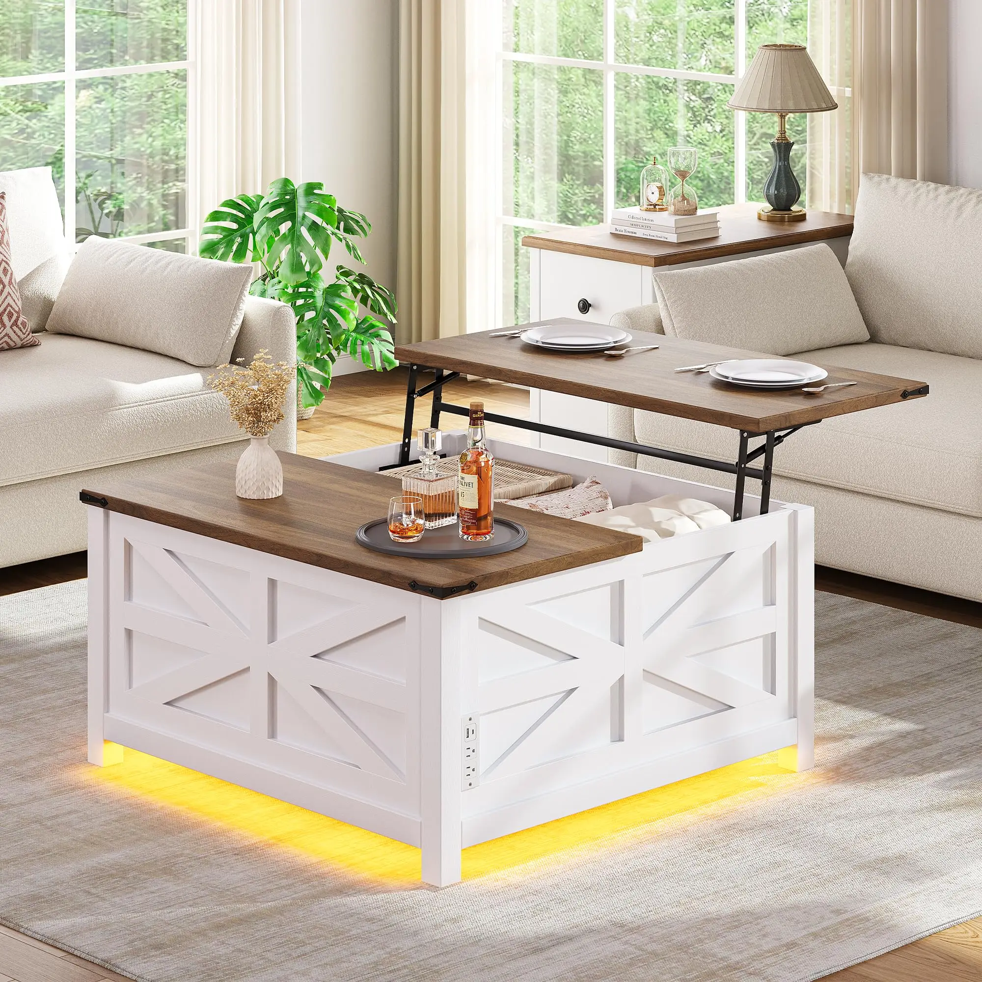 

White Farmhouse Lift-Top Coffee Table With Storage Compartment, Built-In Outlet, And Adjustable Height Surface