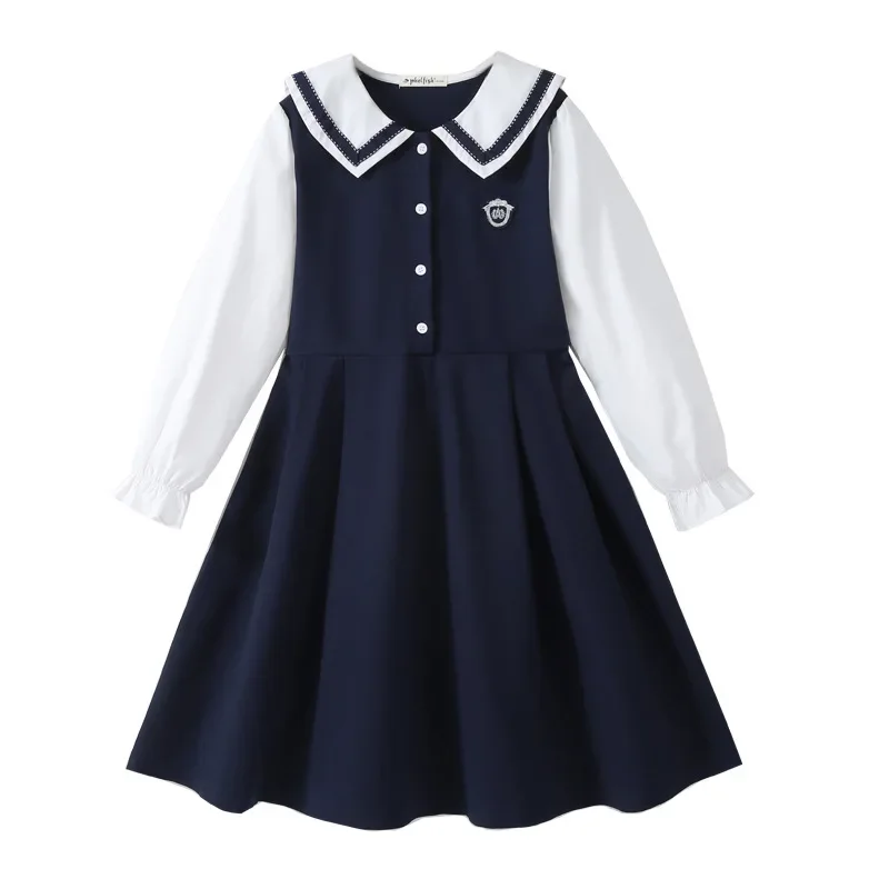 

Girls Dress Navy Collar Princess School Uniform Dress Preppy British Style Long Sleeve Party Wear Casual Autumn Kids Clothes 8 Y
