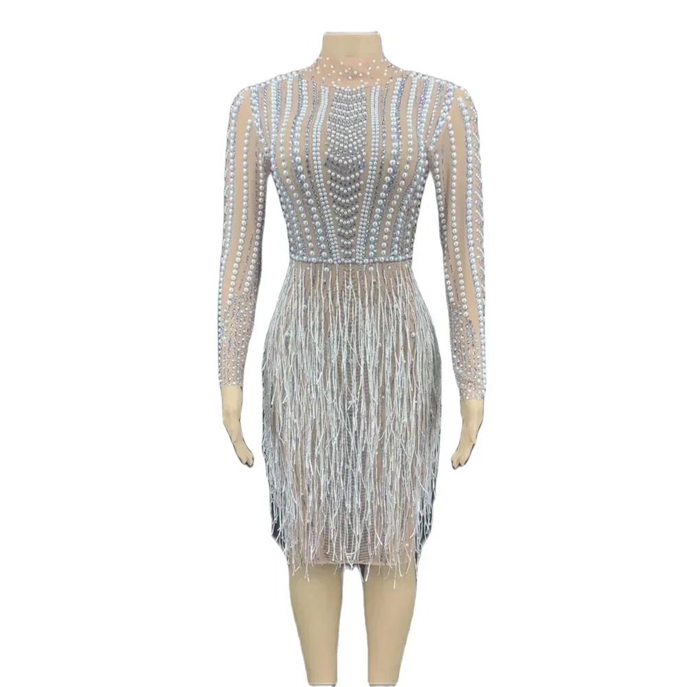 

Sexy Tassel Nightclub Stage Wear Outfit Dress Black Mesh Perspective Evening Party Dress Women Professional Competition Dresses