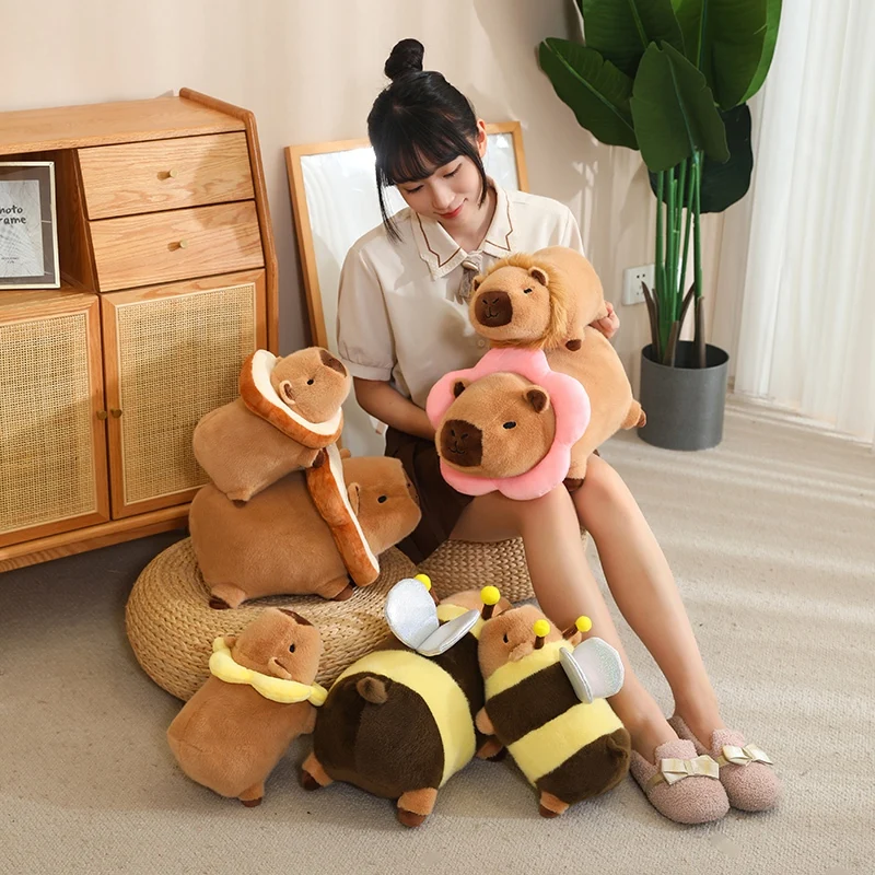 Cosplay Lion Lying Capybara Plush Toy Stuffed Bee Wings Flower Ring Bread necklace Capibara Pluhsie for Kids Birthday Xmas Gift