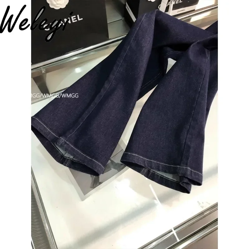 Amerikaanse streetwear blauwe stretch jeans dames 2024 herfst dames hoge taille recht dweilen wijde pijpen micro-uitlopende denim broek