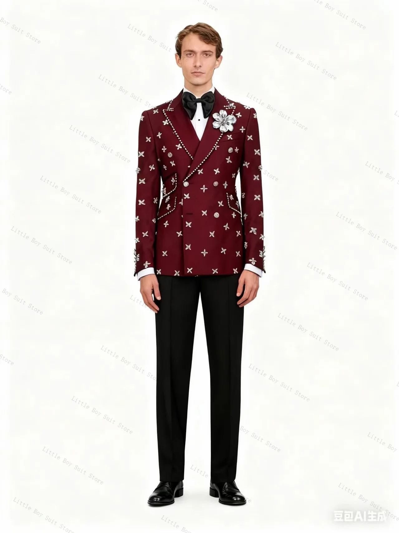 Burgundy Crystals Men Suit Set 2 Piece Wedding Tuxedo Jacket Blazer Pant Cotton Formal Office Business Party Coat Customized
