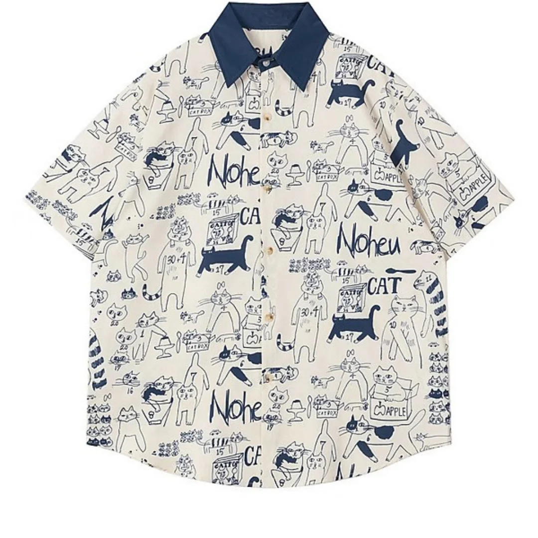 

Unsiex Casual Shirts 2026 Summer Women Retro Cartoon Printed Short Sleeve Shirt Preppy Style Loose Casual All Match Blouse Tops