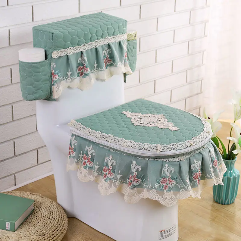 European Style Pocket Design Toilet Cover Lace Home 3-pc Toilet Seat Ring Mat Zipper All-inclusive Universal Toilet Seat Cushion