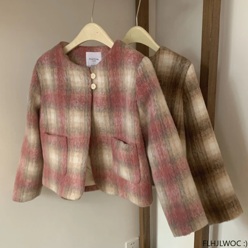 Cute Short Coat Outerwear Retro Vintage Preppy Chic Korea Japan Style Girls Woolen Wool Blends Plaid Coats 2024 Winter Spring