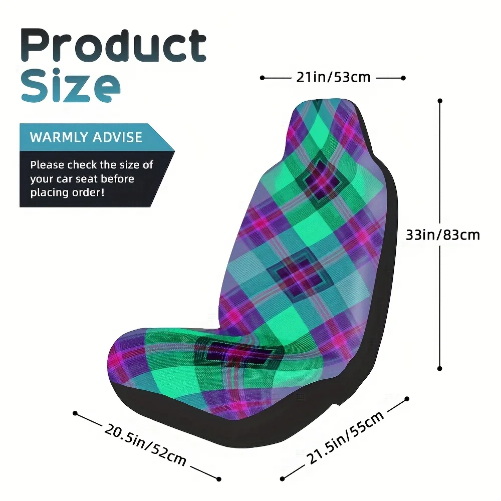 2pcs, Front Seat Cover Set Colorful Plaid Tartan Print, Comfort, Universal Fit, Durable Design Enhance Your Car Interior Style,