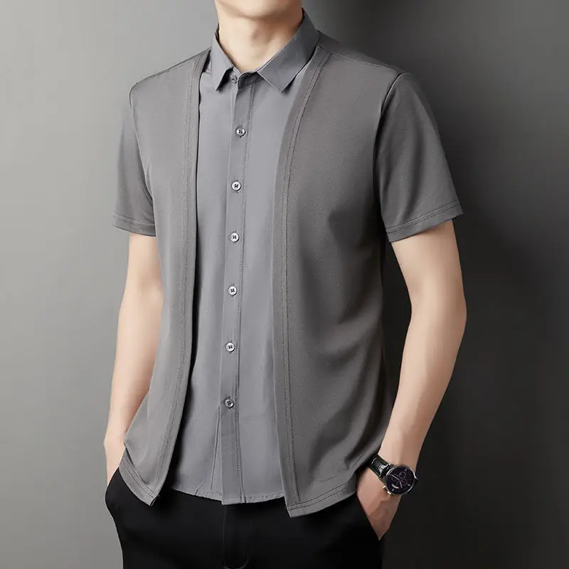 

High End Fashion Smart Casual Two Fake Pieces Shirt Summer New Versatile Short Sleeved Men Lapel Buttons Breathable Thin Tops