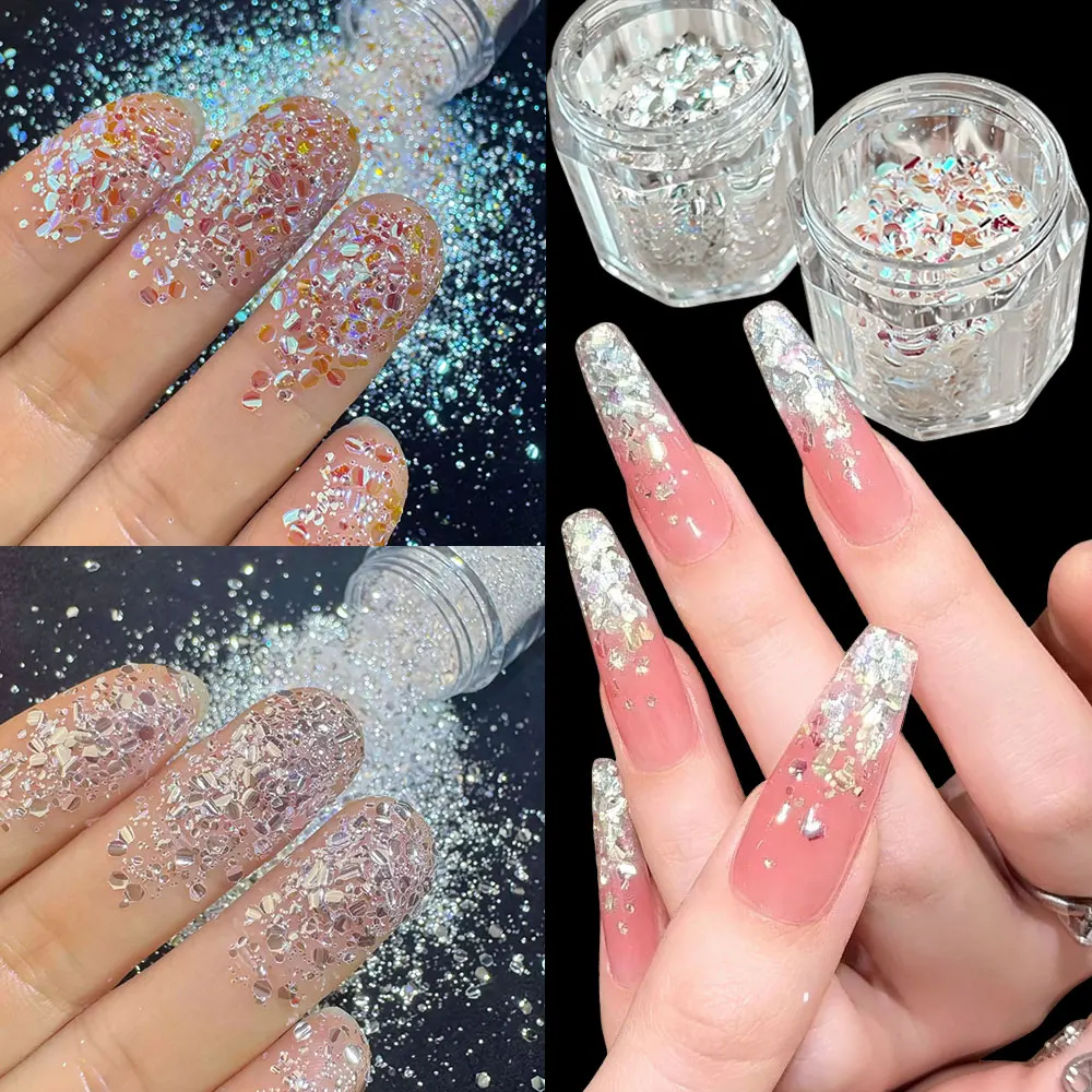 1/2Jar Super Sparkle Chasing Light Nail Glitter Flakes Aurora Iridescent Holographic Opal Sequins Powder For Gradient Nail Art