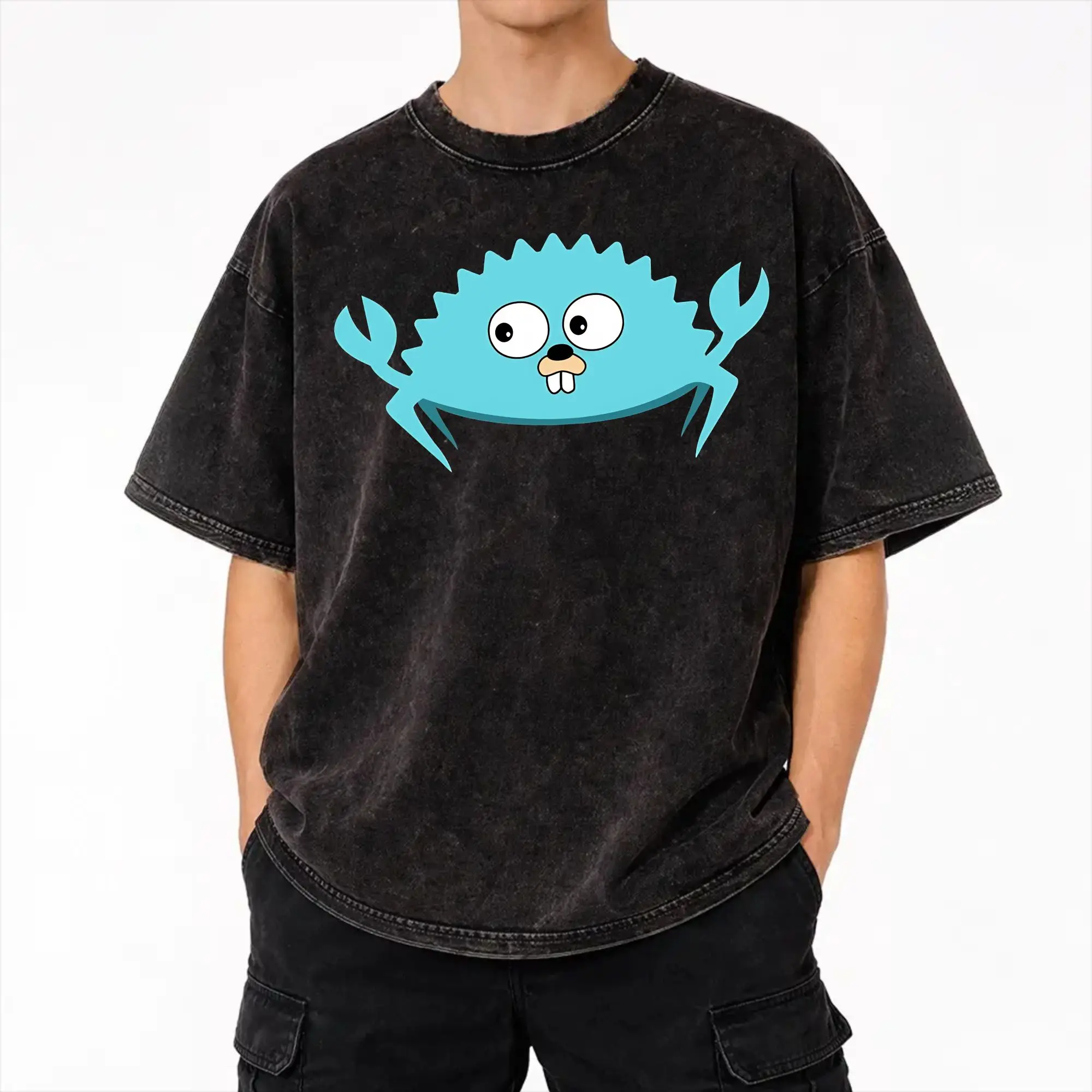 Harajuku Washed Shirt Go Ferris Go! - GoLang Gopher & Rust Ferris Crab Crossover  Apparel Fashion T Shirt Oversize  Streetwear