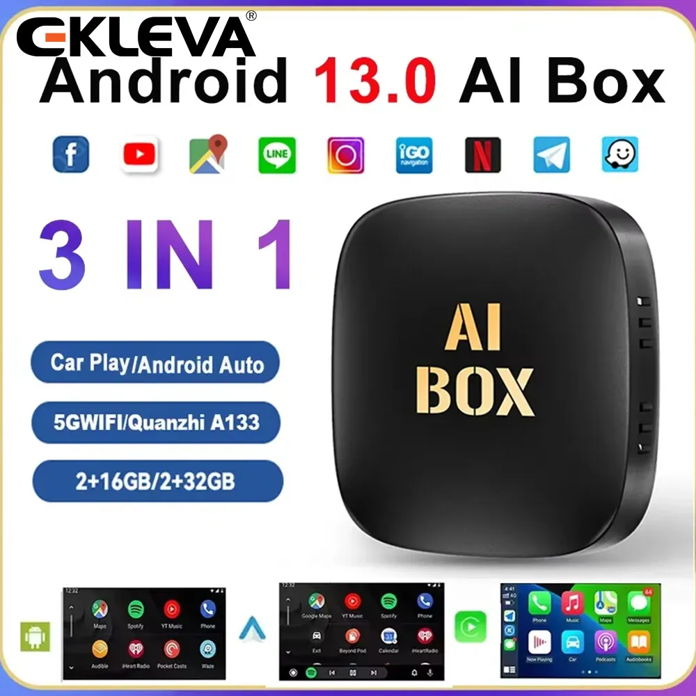 

EKLEVA CarPlay Ai Box Android 13 Wireless Carplay Android Auto Car Video TV Box WiFi 2GB+32GB For Netflix Youtube Play Store