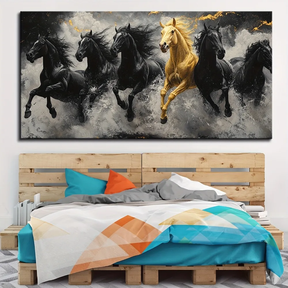 1.5 inch thick pine solid wood frame, horse canvas mural, eight running horses oil painting, animal painting art