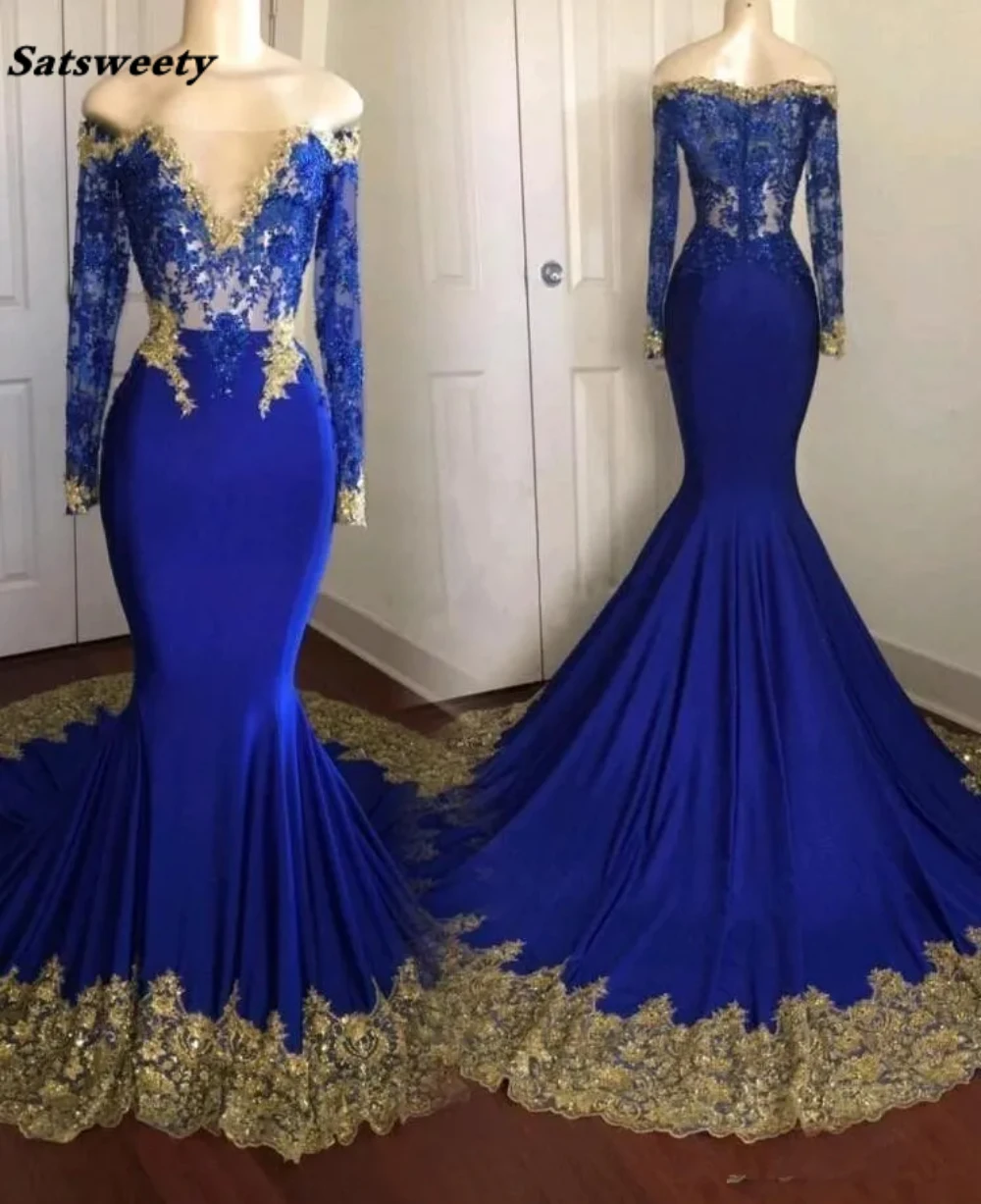 Amazing Gold Lace Royal Blue Real Photo Mermaid Prom Dress Long Illusion Sleeves See Through Sequins Hollow Party Formal Gowns