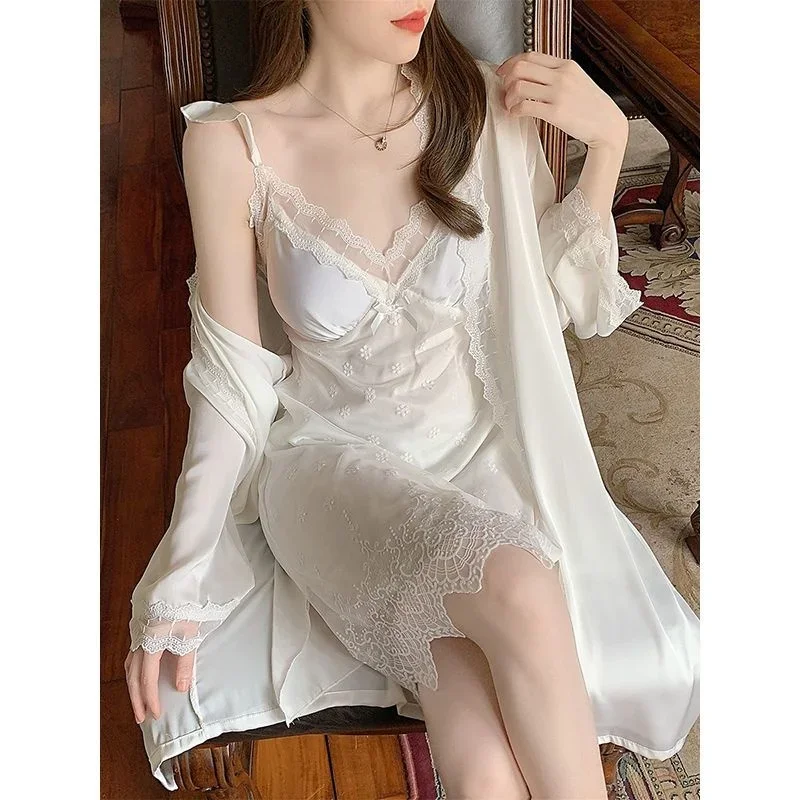 Sexy Dress Nightdress Women Summer Thin Slim Lace Hanging Nightdress Two Piece Set French Pajama Dress With Chest Pad Home