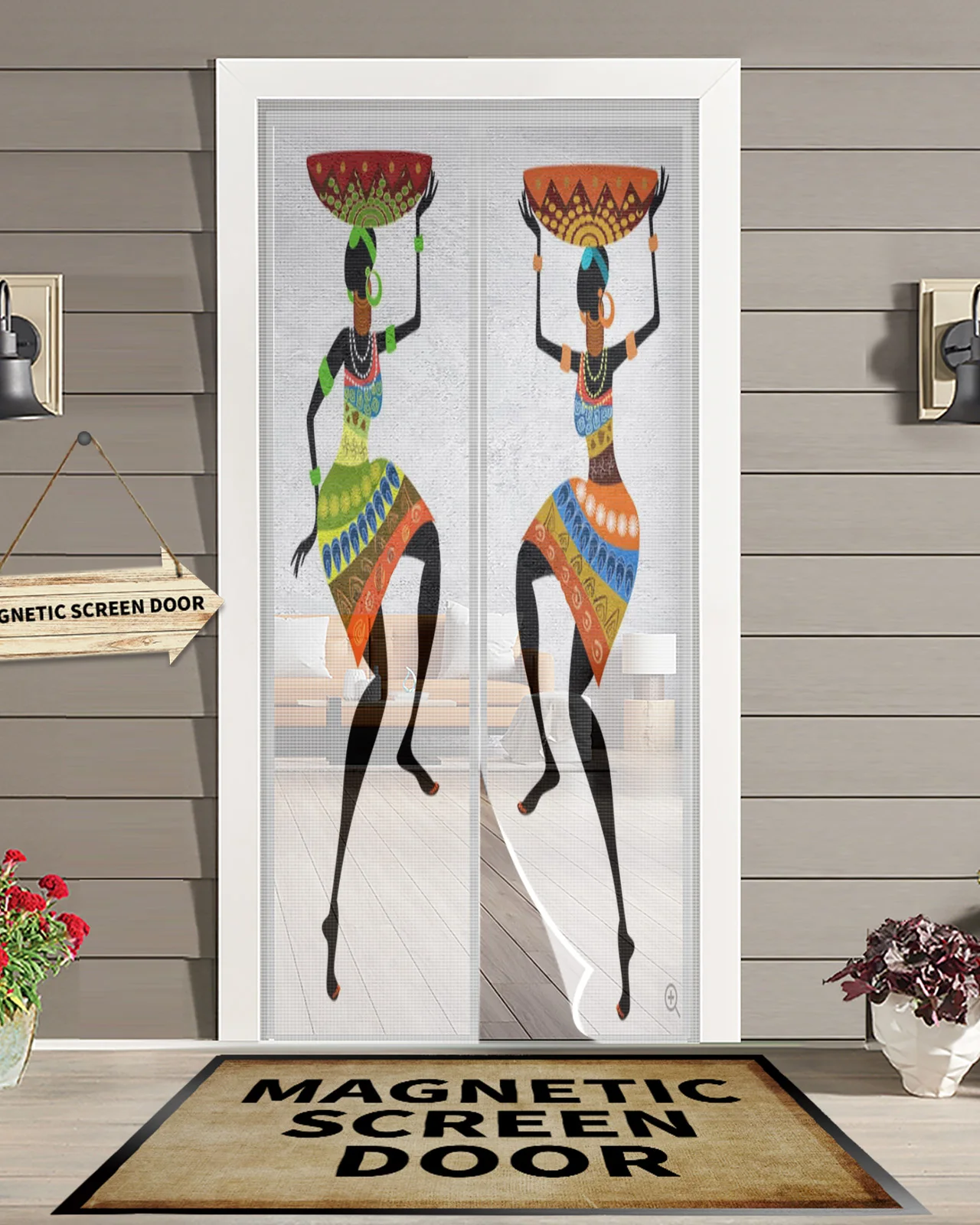 Ethnic Woman With Vase Summer Magnetic Mosquito Net Anti Insect Fly Bug Magnetic Screen Door Curtains