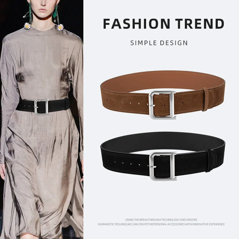 

New Sandblasting Flocking Leather Silver D Buckle Women Waistband Belt Fashion Dress Coat Cummerbund for Ladies