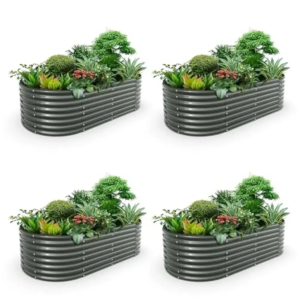 Galvanized Steel Raised Garden Bed Kit Deep Root Planters Outdoor Plants Quartz Grey Oval 4-Set 8X4X2 ft Kit Healthy Growing and