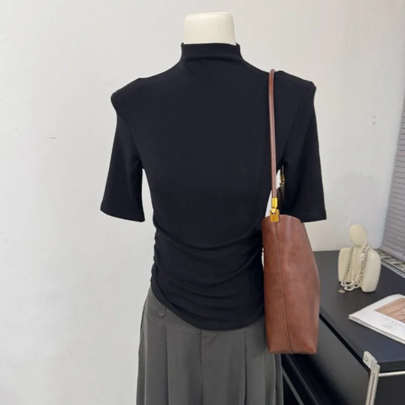 Slim Fit mid Sleeve T-Shirt Women's Inner Wear High Collar Pleated Two Sides Body Shape Show off Autumn New Style Casual Wear