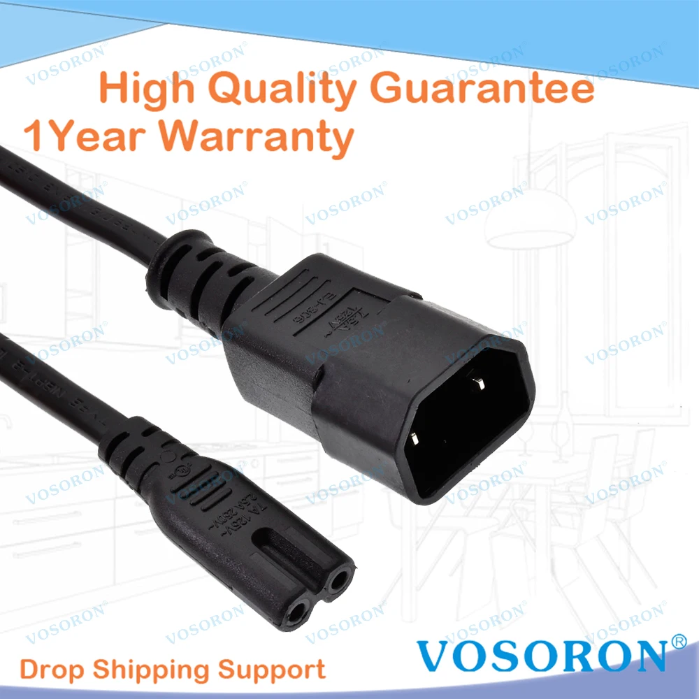 C18 to C7 Power Cable 2-Core Pure Copper IEC 320 2-Prong Male to Figure 8 Female Adapter Cord for TV Laptop