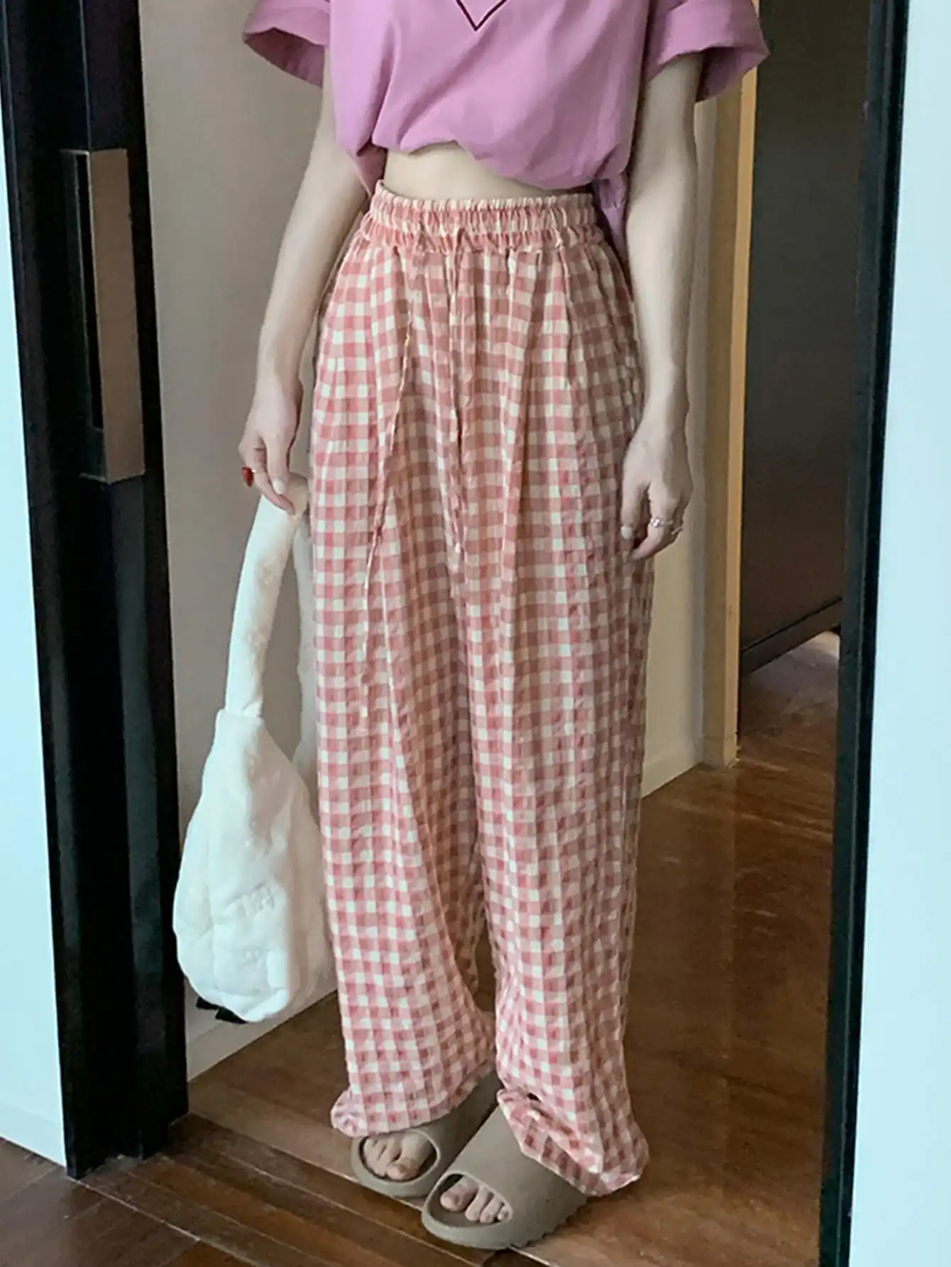 Coréen Chic été rose doux mince taille élastique Plaid jambe large pantalon ample minceur Look polyvalent pantalons décontractés pour les femmes