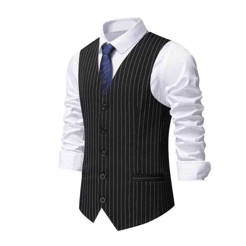 #4858 Black Red Vertrical Striped Blazer Vest Women Single Breasted Business Men's Suit Vest Office Waistcoat Sleeveless Spring