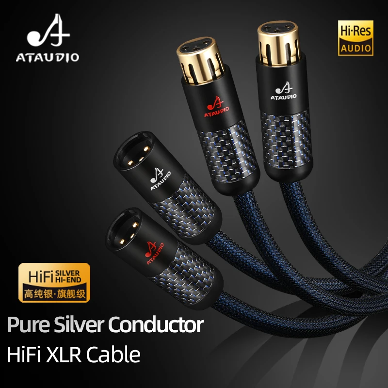 ATAUDIO HiFi XLR كابل الفضة النقية ذكر إلى أنثى متوازن 3Pin XLR ربط كابل الصوت لخلاط الميكروفون مشغل أقراص مضغوطة
