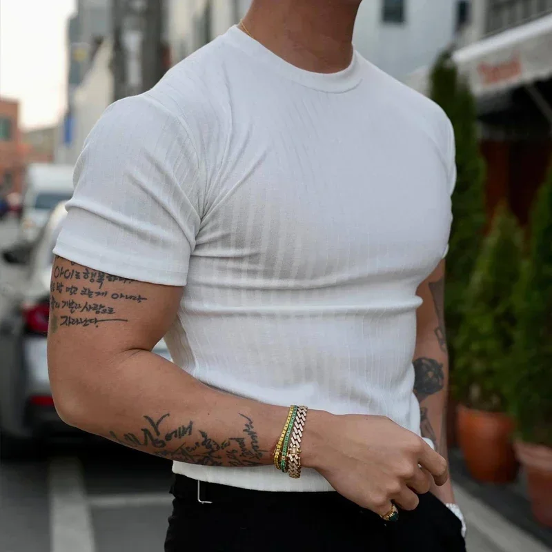 

2025Summer Fashion Solid Color Ribbed Slim T Shirts Men Streetwear Classic Simple Crew Neck Short Sleeve Tees Jogging Sport Tops
