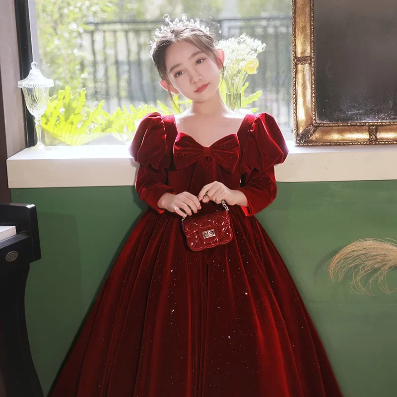 Teenmiro Prom Dress for Girls Children Elegant Red Velvet Long Evening Dresses Kid Luxury Evening Ball Gown Teens Partywear