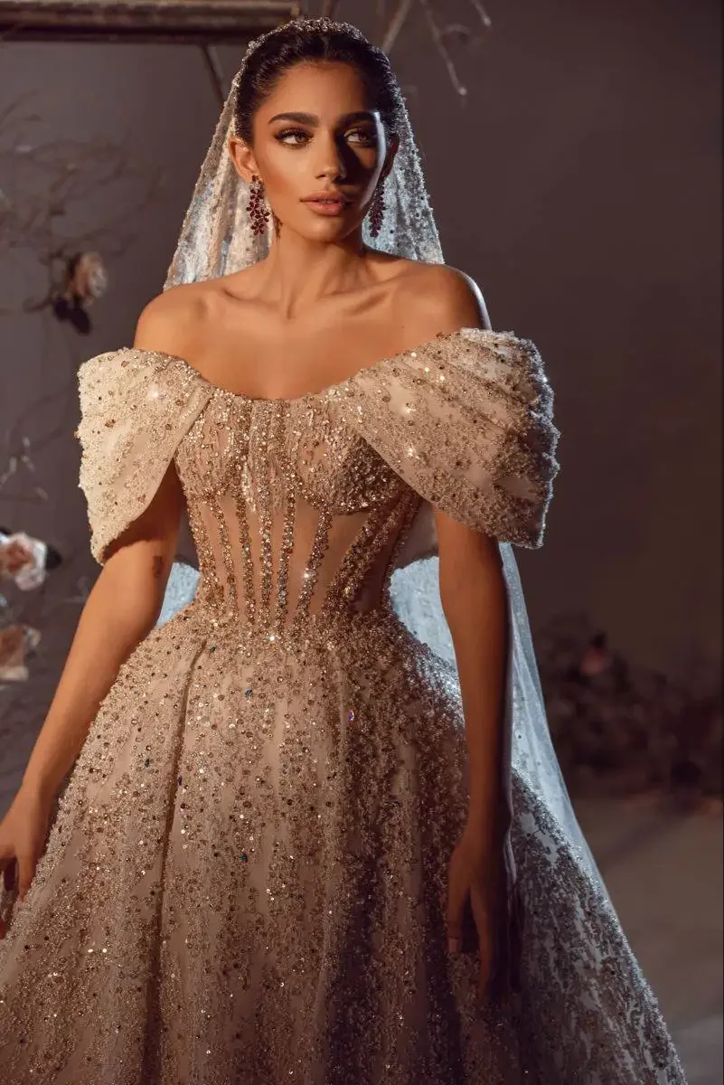 고급스러운 A라인 레이스 스팽글 여성 웨딩 드레스 섹시한 오프숄더 민소매 볼 브라이덜 가운 맞춤형