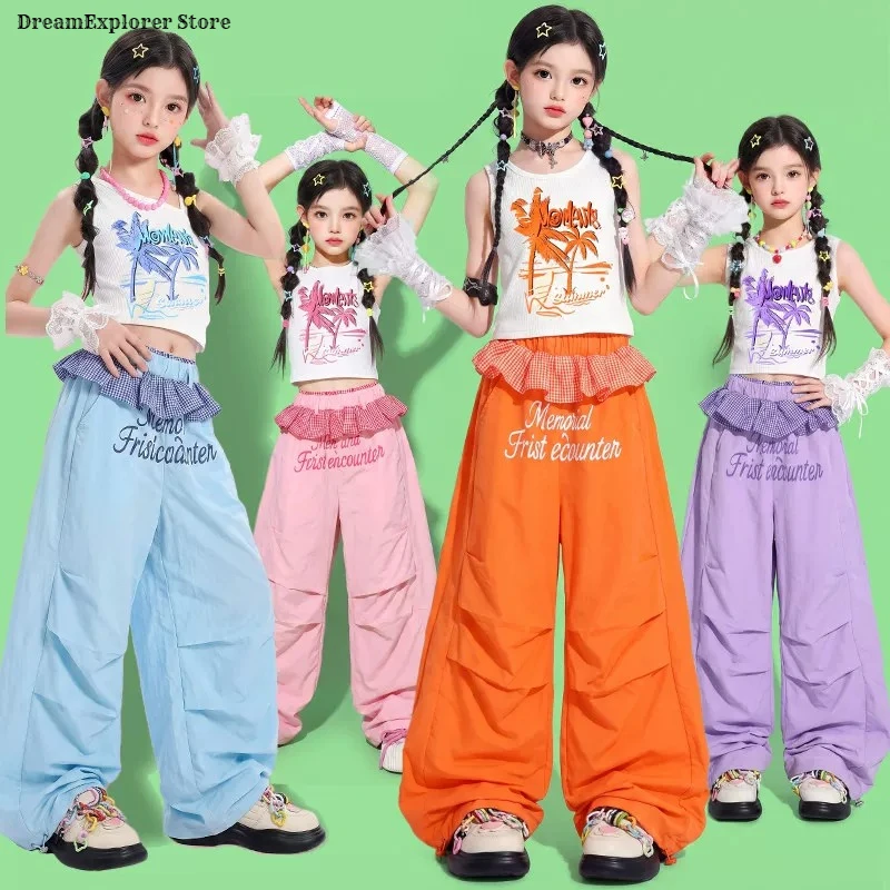 Girls K-pop Lovely Crop Top Lace Joggers Pants Kids Hip Hop Street Dance Clothes Sets Children Girl Group Streetwear Costumes