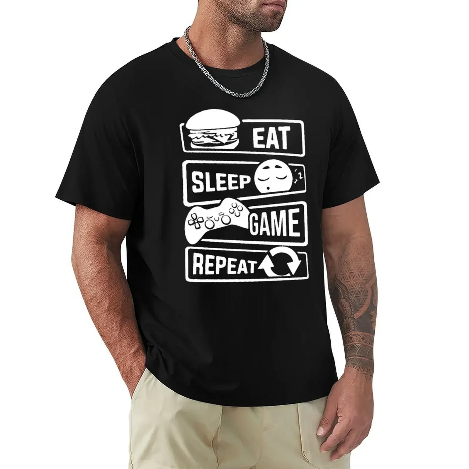 Eat Sleep Game Repeat Gamer Geek T Shirt Play PC Controller Gamer Streetwear Short Sleeve O-Neck Hip Hop T-shirt Mens Clothing