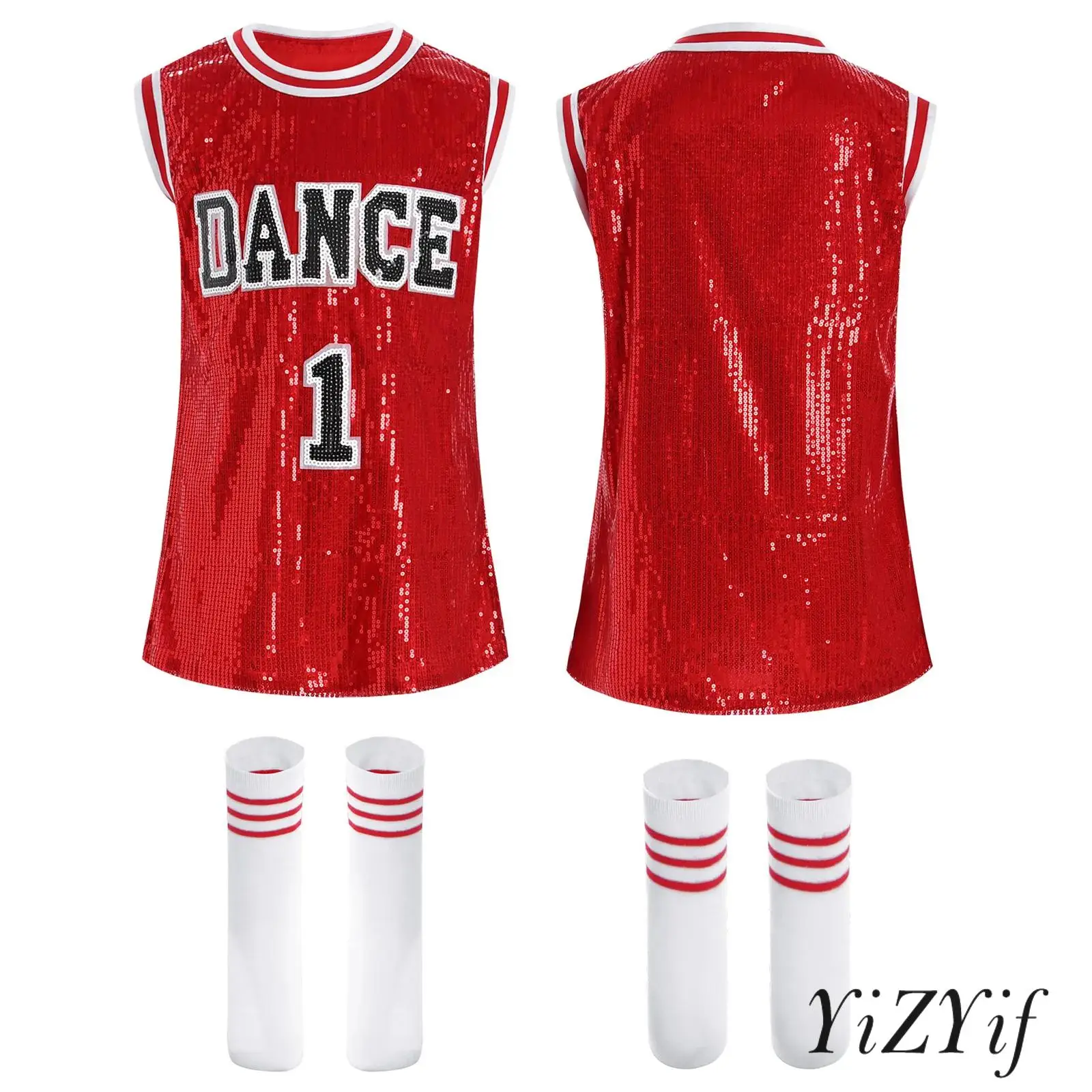 

Girls Boys Two Piece Dancewear Sequined Sleeveless Hip Hop Jazz Cheerleading Dance Dress Long Vest Top T-Shirt with Socks Set