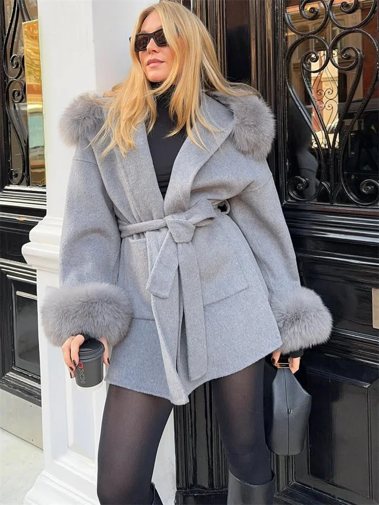 Tossy Female Fur Feather Hoodie Overcoat Lace-Up Pocket Lapel Long Sleeve Loose Cardigan jacket Winter Warm Faux Fur Outwear New