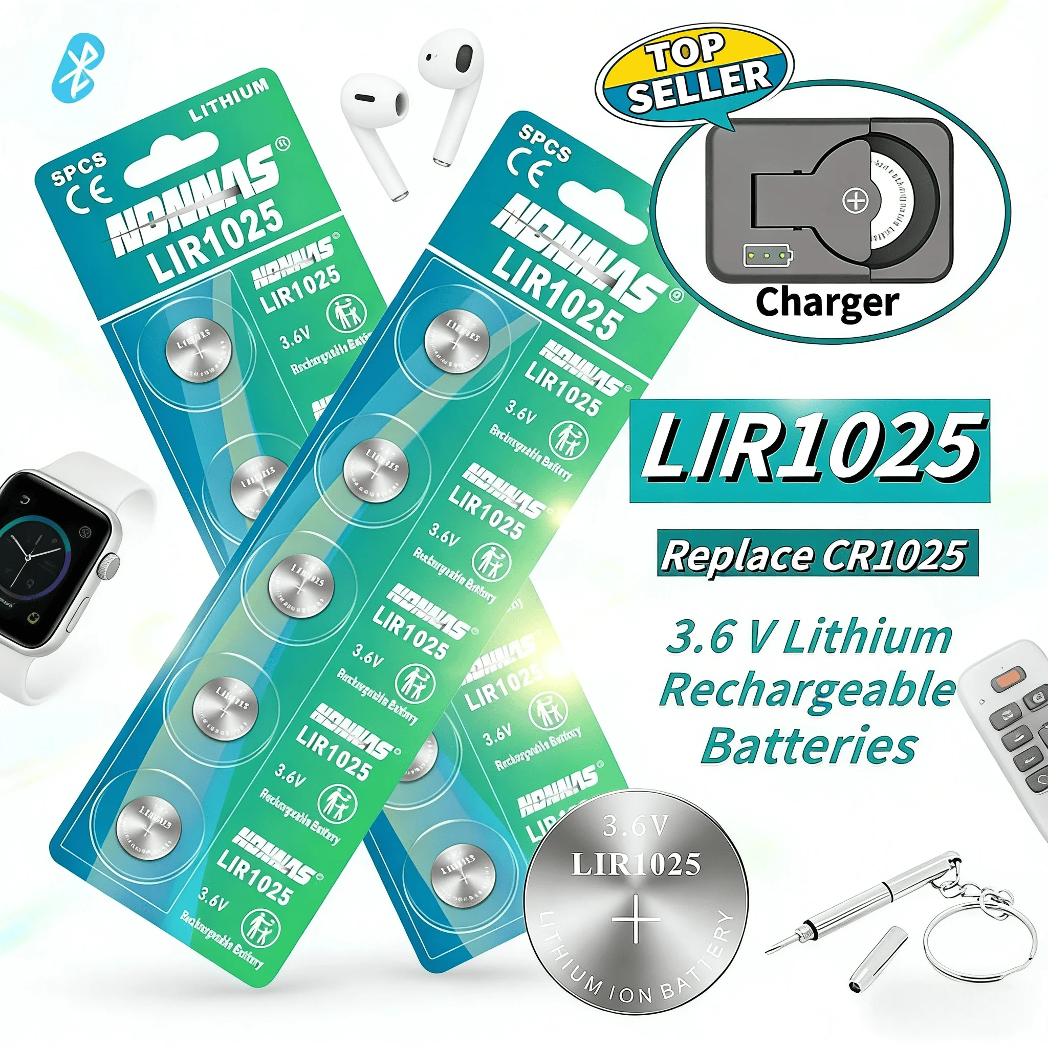 

LIR1025 3.6V Rechargeable Coin Battery 2-50PCS, Direct Replacement for CR1025 Lithium Button Cell for Car Key Remote