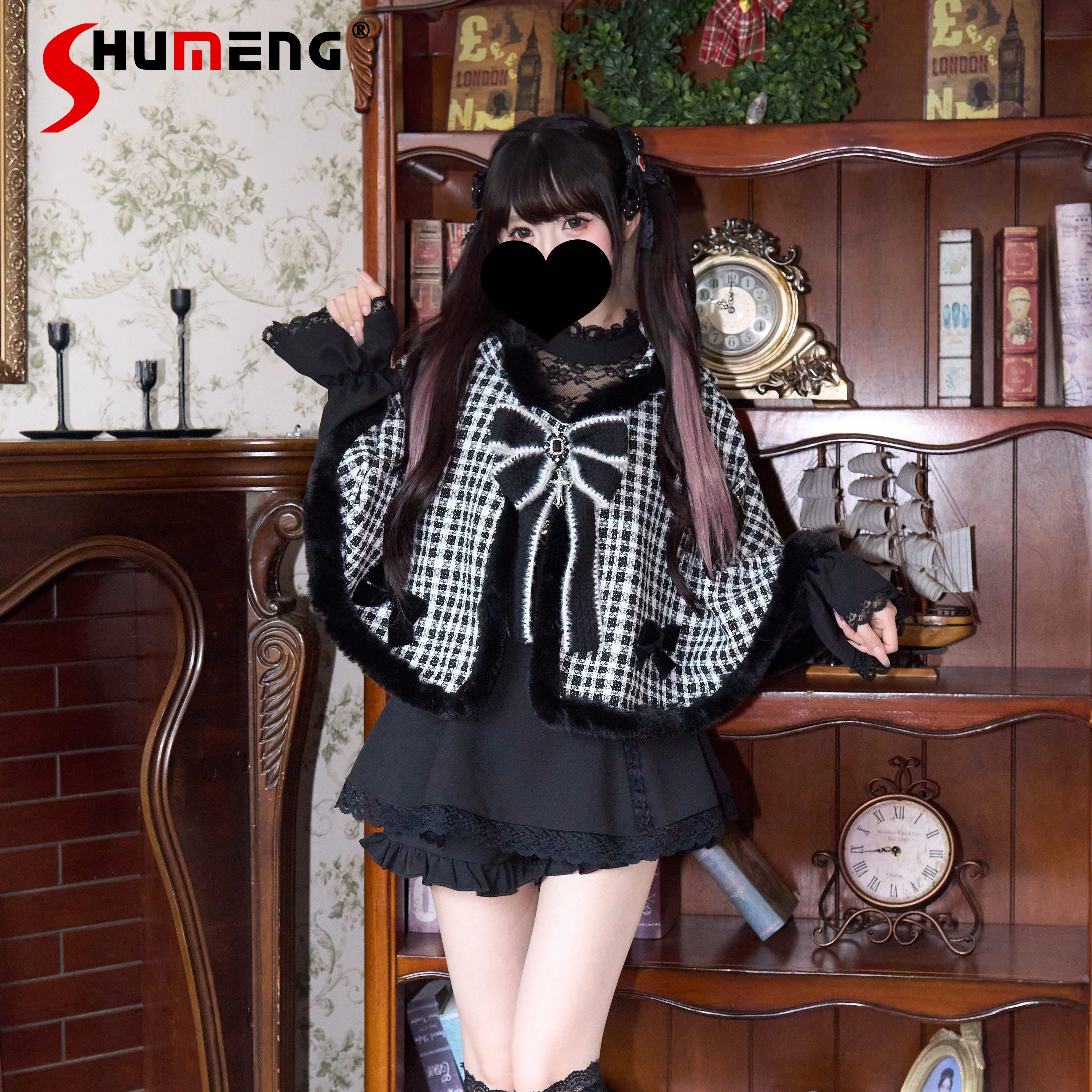 Japanese Mine Series Mass-produced Black Plush Hooded Cloak Bow Cute Sweet Girls Capes Ponchos Women's Loose Jacket Winter 2024