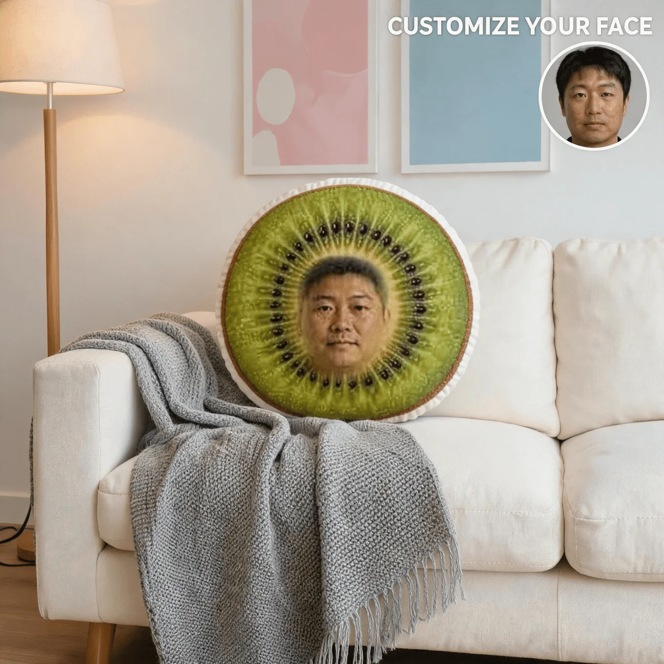 Custom Personalized Photo Face Pillow, Kiwi Fruit Shaped Decorative Cushion, 60CM Large Size Accent Pillow for Sofa And Bedroom,