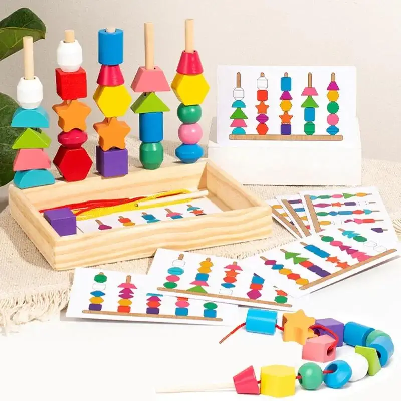 Montessori brinquedos de madeira cor forma correspondência quebra-cabeça jogo colorido frisado cor cognição cedo brinquedos educativos presente para crianças