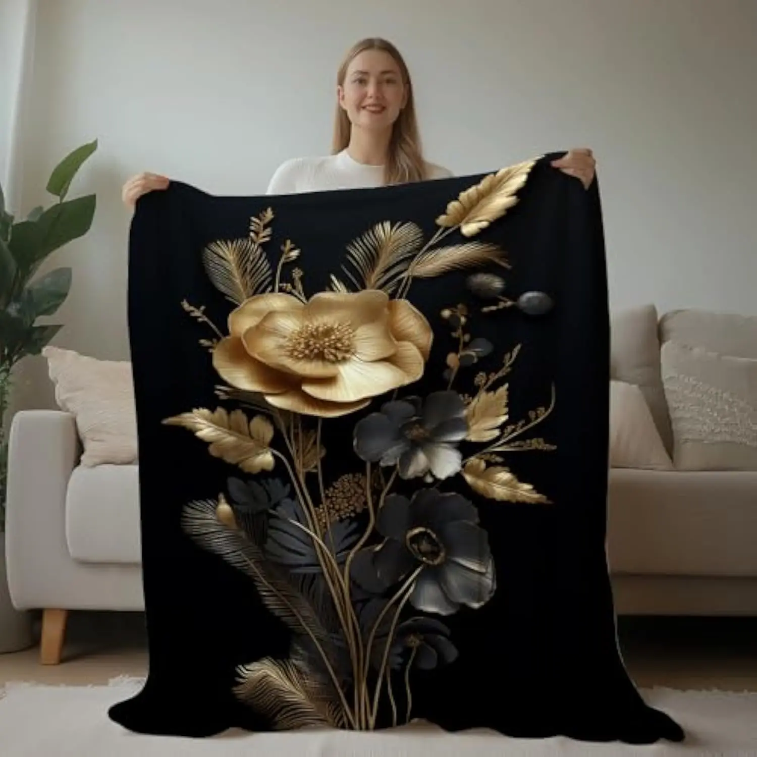 

Black Gold Floral Blanket Premium Flannel Soft Throw for Sofa Couch Bedding Home Decor