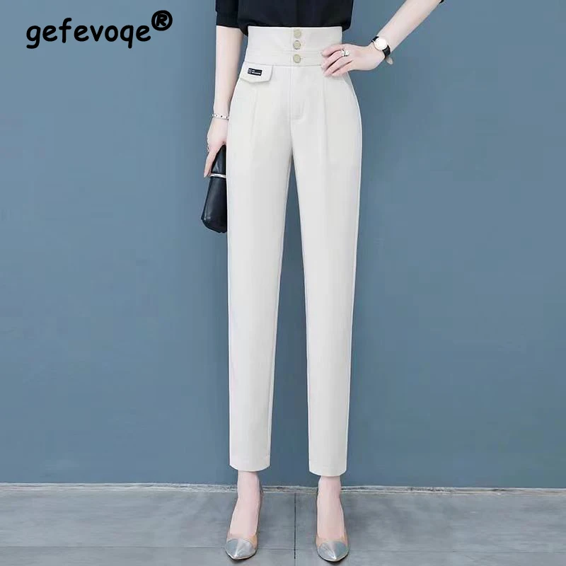 

2023 Spring Autumn Women Korean Fashion High Waist Pockets Slim Elegant Harem Pants Office Ladies Solid Suit Trousers Pantalones