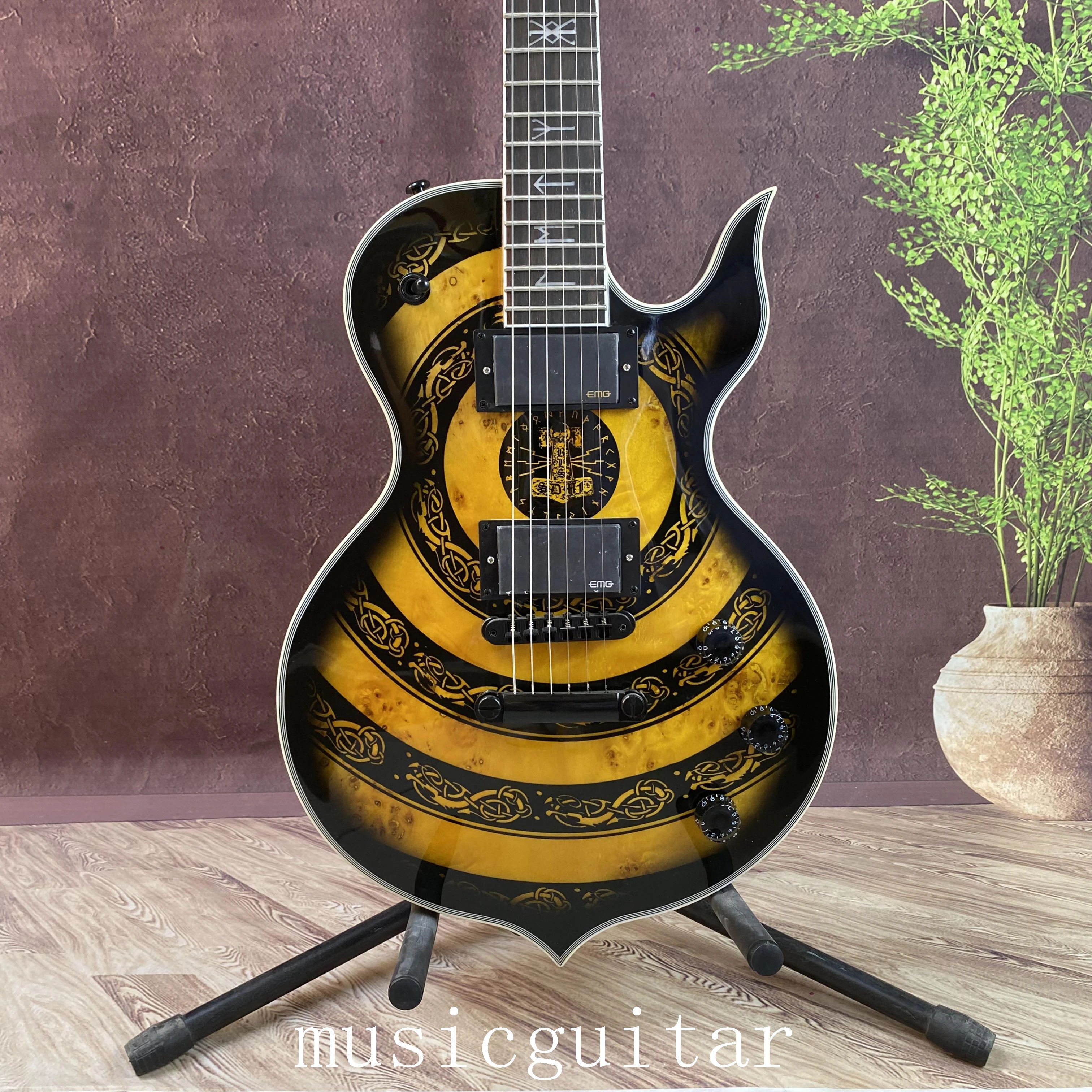 Black Zakk Wylde Audio Odin Grail Electric Guitar Black Hardware Burl Top